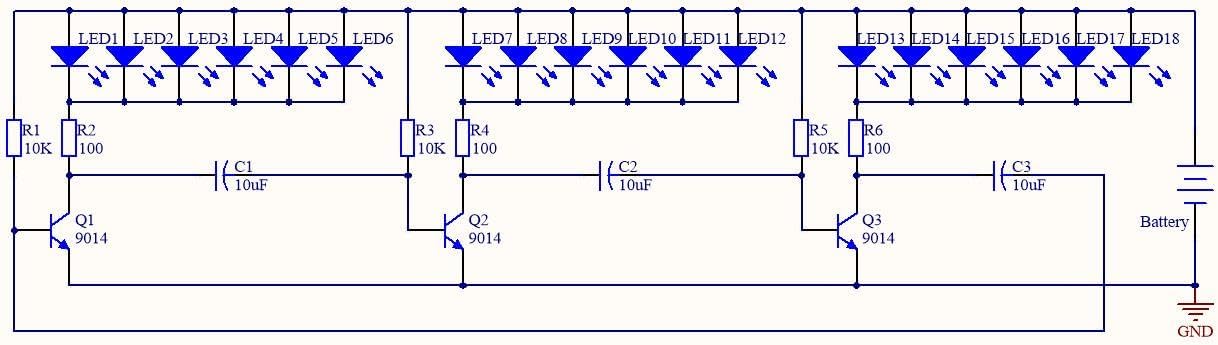 Circuit diagram for the soldering practice kit, showing connections for LEDs, resistors, capacitors, transistors, and battery power.