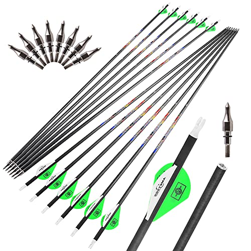 surwolf Archery Pure Carbon Pfeile 31,5Zoll Übungs Pfeile Spine 250 300 350 400 500 600 mit abnehmbaren Spitzen Zielpfeile für Compound & Recurve und Langbogen 6/12 Stück Pfeile (Spine 300, 12 Pfeile) Cover