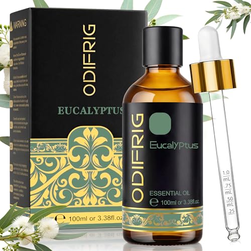 ODIFRIG Aceite esencial de eucalipto, 100 ml, 100% natural, Aceite esencial de eucalipto para aromaterapia, masaje, SPA, baño, DIY, difusor, sauna & aceite perfumado, uso externo con pipeta