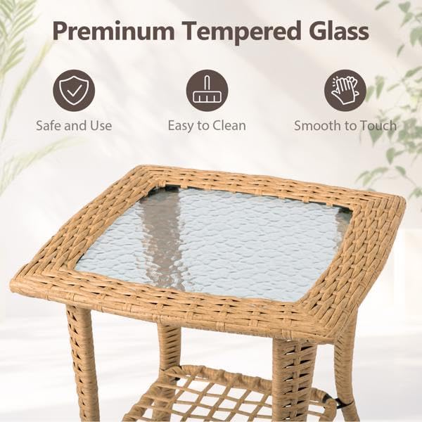 Outdoor Wicker Side Table, 2-Tier Rattan End Table with Glass Top, Beige Patio Coffee Bistro Table for Garden Porch Balcony, 18x18x22.6 Inches