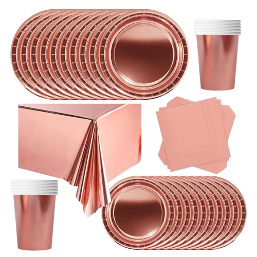 POPOYU 69 Pièces Vaisselle Jetable Anniversaire Or rose,Assiette Carton Papier Tasses Serviettesr Nappe pour Fête de Noël,Vaisselle de Fête...