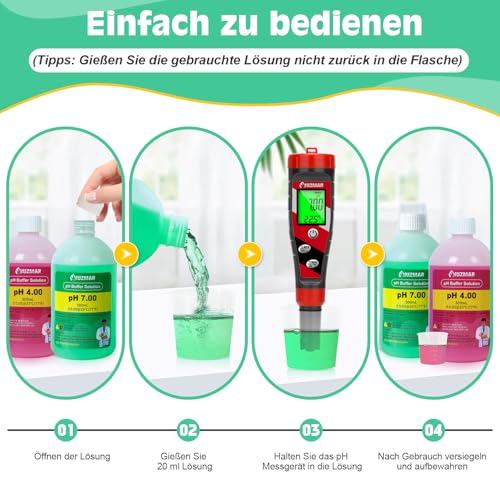 UIUZMAR pH Kalibrierungslösung Kit, pH4.00/7.00 500ml Lösung jeder, pH Pufferlösung mit Container (30ml*2) für pH Messgerät, pH Tester, pH Monitor, pH Sonde, pH Elektrode