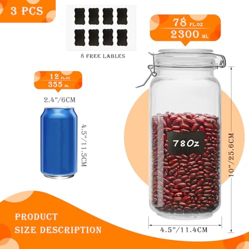 Image of Large Glass Storage Containers with Airtight Lids 78oz 3 Pack | Flour, Sugar, Cereal, Cookies, Kitchen Canisters for Pantry Organization, Square Air Tight Glass Storage Jars Wide Mouth