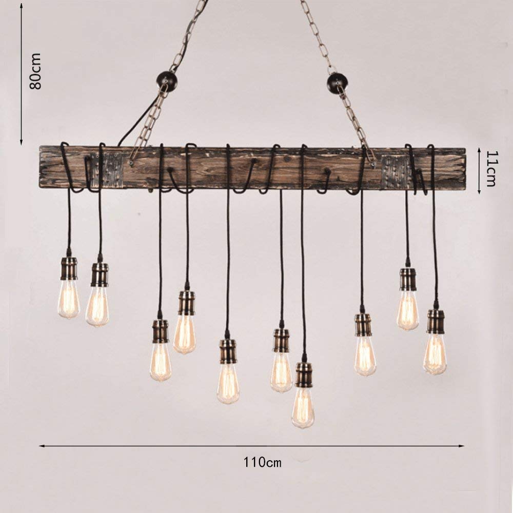 Suspension Lustre Industrielle En Bois Luminaire Noire Vintage Lampe Rétro MéTal Hauteur Abat-jour Pour Restaurant E27 Salon Chambre Cuisine Bar (10-lumières)