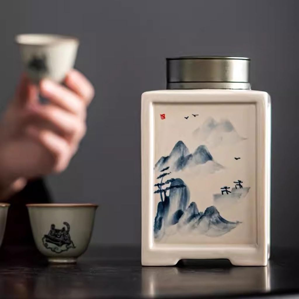 REIK Contenitore per il tè in Ceramica Lattine da tè in ceramica dipinte a mano, lattine sigillate rettangolari for uso domestico, lattine da tè for il risveglio del tè verde, piccoli magazzini di tè