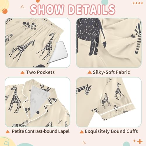 senya Animals on Zebra Satin Summer Pajama Sets Silk Short Sleeve Button Down Sleepwear3