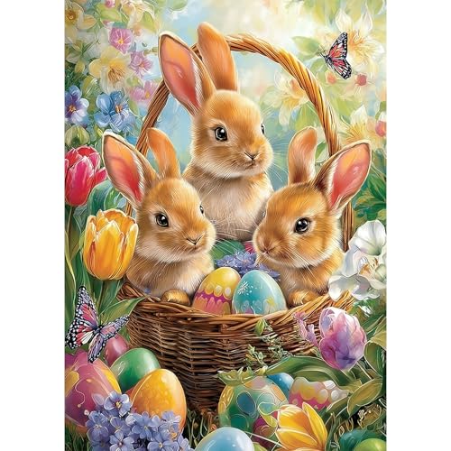 MEIYUDA Easter Bunny Diamond Painting Kits for Adults 5D Colorful Eggs Diamond Art Kits for Beginners DIY Easter Rabbits Full Diamonds Art Painting Kit for Home Wall Decor Gift 12x16in