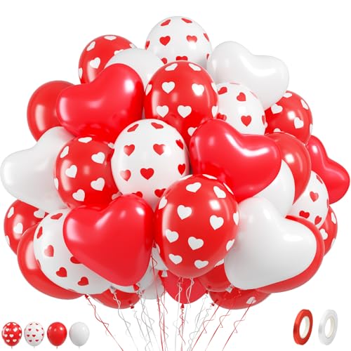 Image of Valentine Balloons, 50 Pcs Red White for Valentine's Day Wedding Party | 12 Inch Red White Heart Print Latex Balloons for Galentines Day Anniversary Proposal Engagement Birthday Party Decorations