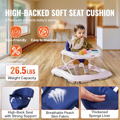 Image of VEVOR Baby Walker, Foldable Baby Walkers and Activity Center on Wheels, 3-Level Height Adjustable Toddler Infant Walker with Feeding Tray, Anti-Rollover Activity Walker Helper for Boy Girl 6-12 Months