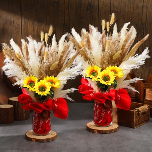 Image of Wonderjune 135 Pcs Western Cowboy Table Centerpieces Cowgirl Rodeo Party Decor with Mason Jar Bandannas Mini Hat Sunflowers Pampas for Cowboy Cowgirl Baby Shower Birthday Wedding Party Decor(Red)