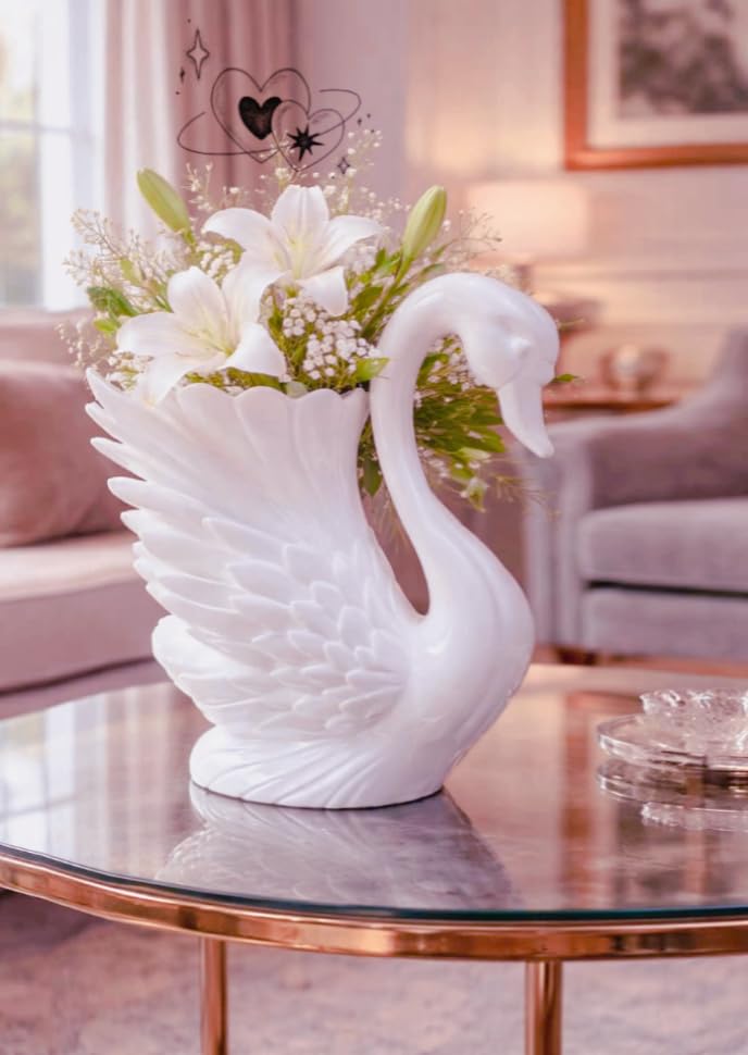Swan Shaped 3D Flower Vase, White Decorative Figurine with Artificial Blooms-image-44