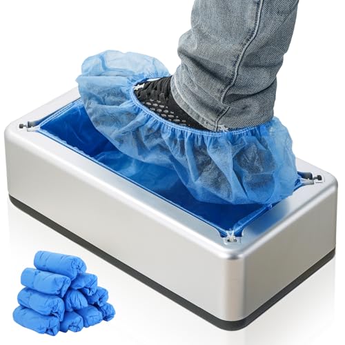 FLKQC Automatic Shoe Cover Dispenser with 100 Non-Woven Shoe Covers, Hands-Free Design for Home, Office & Laboratory, Durable Silver Machine Keeps Floors Clean, Shoe Cover Machine