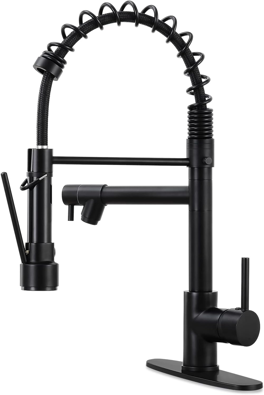 Qomolangma Black Kitchen Faucet, Commerical Stainless Steel Kitchen Faucet with Pull Down Sprayer, Single Handle 2 Spout Kitchen Sink Faucet with Deck Plate