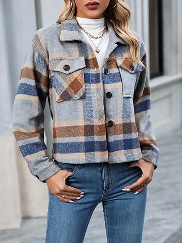 Women's Flannel Plaid Jacket Long Sleeve Button Down Cropped Shirts Business Casual Work Blouses Fashion Crop Coats2