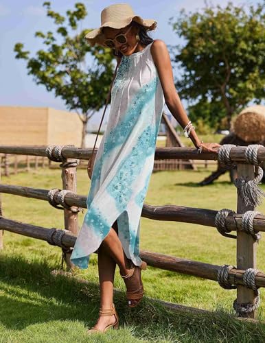 Image of Zeagoo Women Floral Summer Casual Beach Printed Tank Dress with Pockets Pleated Front Long Dress