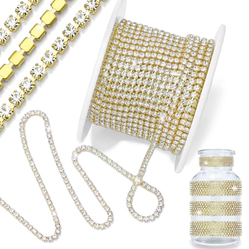 Towenm 1 Roll 10 Yards Rhinestone Chain, 3mm Crystal Rhinestones Close Chain Roll, Sew on Crystal Rhinstone Chain Trim, Crystal Claw Cup Chain (Gold Base + Clear Rhinestones, SS12 / 3mm)