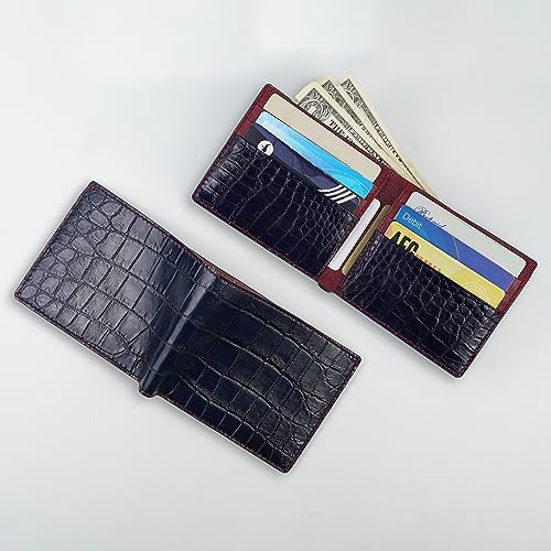 Image of HATA Navy Blue Red Exotic Bifold Wallet for Men, Billfold with Mixed Leather Interior, RFID Blocking Card Holder, Handmade Gift for Birthday, Anniversary, Father's Day VIMIX-42