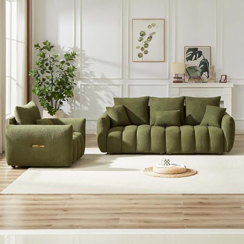 Image of Antetek Teddy Fabric Sofa Set for Living Room, Modern Deep Seat Sofa Chair and Oversized 3-Seater Cloud Boucle Couch for Bedroom, Office, Apartment, Furniture Set, Green (2 Piece)