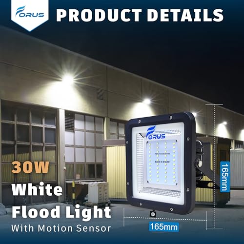 Image of Forus 30W LED Outdoor Flood Light with Motion Sensor, 8-15ft Detection, Auto On-Off, Day-Night Dual Mode, IP67 Waterproof, 4-Year Warranty, Security Light for Factory, Shop, Garden, White-1PC