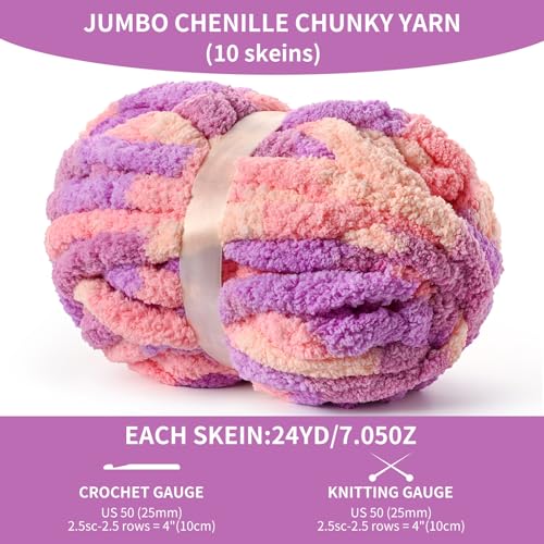 Image of 10 Pack Jumbo Chunky Yarn for Hand Knitting, Fluffy Variegated Chunky Chenille Yarn for Crocheting, 240yds /70.5oz Super Bulky Soft Crochet Baby Blanket Yarn(Pinkish Purple)
