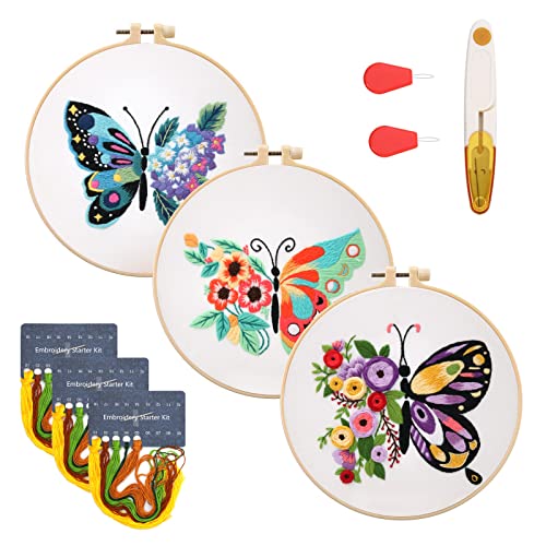 JUST MEET YOU Embroidery Kit for Beginners with Pattern and Tool, 3 Sets Embroidery Kits for Adults & Kids, Hand Cross Stitch Kits for Beginners, Advanced Patterns Practice (Butterfly)