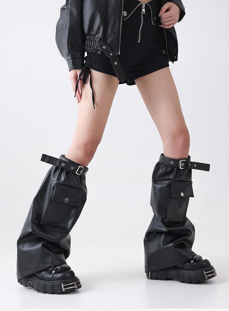 Gothic Leg Warmers for Women Black PU Leather Pocket Flared Leg Cover Halloween Socks