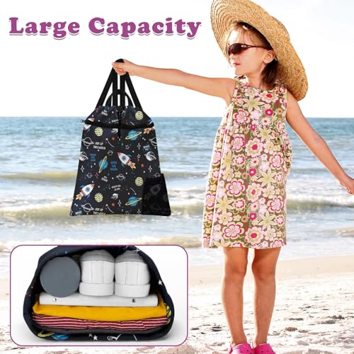 Space Rocket Drawstring Backpack, 15” x 17” Waterproof Swim Bag for Beach Swimming Pool, Lightweight Foldable Gym Bag with Water Bottle Holder for Sports Travel4