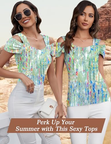 Image of Blingfit Cold Shoulder Tops Summer Tunic Shirts for Women T Shirts V Neck Short Sleeve Casual Tees Blouses 2026