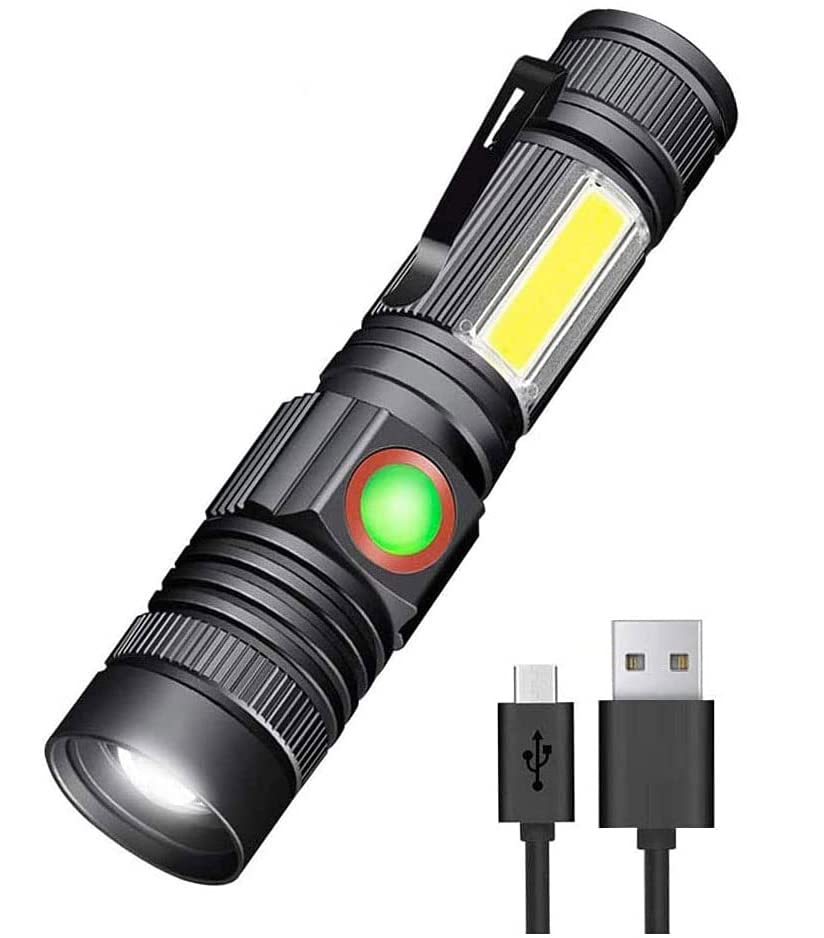 USB Rechargeable Flashlight, Magnetic Flashlight, Super Bright Pocket-Sized COB Work Light T6 LED Torch with Clip, Zoomable, Water Resistant, 4 Modes for Camping Hiking