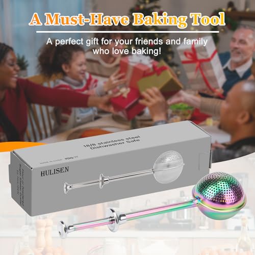 Image of HULISEN Flour Duster for Baking, One-Handed Operation, 304 Stainless Steel Powdered Sugar Shaker Duster, Pick Up and Dust Flour Sifter, Gift Package, Rainbow