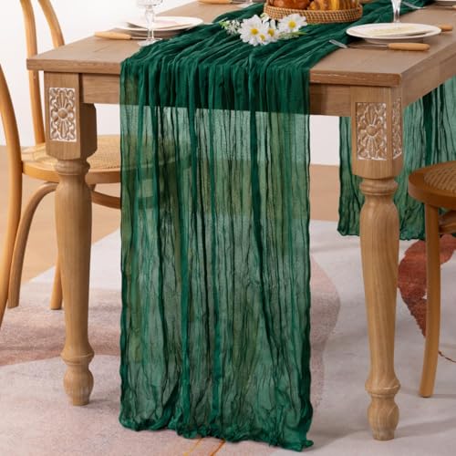 Image of MLMC Emerald Green Table Runner Boho Dark Green Cheesecloth Table Runner 10ft Sheer Gauze Cheese Cloth Decorations for Wedding Bridal Shower Home Party Decor