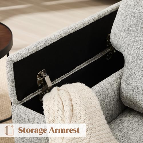 Image of Accent Chair with Armrest Storage, Modern Upholstered Reading Living Room Chairs, Comfy Large Armchair, Fabric Single Sofa Chair for Bedroom (Light Grey)
