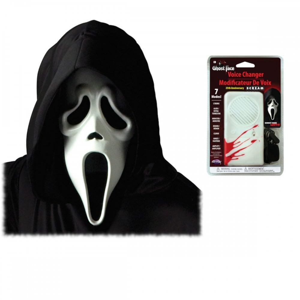 A2ZFD Adult Unisex Official Scream/Ghost Face Mask with Hood + Voice Changer : Halloween Fancy Dress Accessory Set