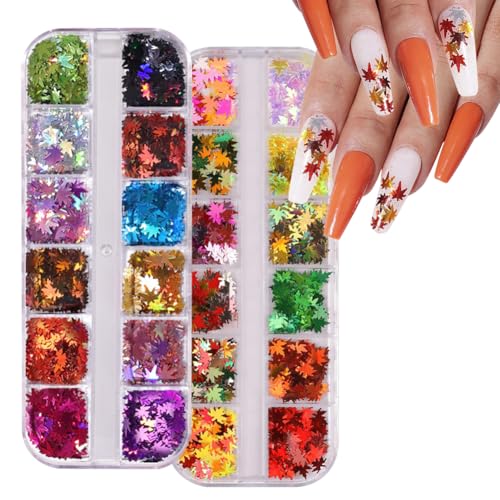 Eforcase 24 Grid Nail Sequins Nail Art Glitter Nail Sequins Glitter Maple Leaf Shape Sequin Sparkling Nail Charms Manicure Tips Nail Art DIY at Home Nail Supplies Nail Decorations Accessories
