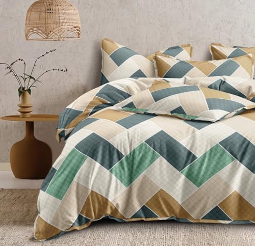 Image of DECOR2ADMIRE 300TC Premium Glace Cotton Printed Super King Size Double Bedsheet with Two Pillow Covers, 108 * 108 Inches or 9ft by 9ft or 275 cm x 275 cm (Calm Grids)