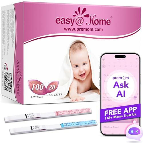 Easy@Home 100 Test de Ovulación y 20 Test de Embarazo de Alta Sensibilidad, Kits de Pruebas de LH y Fertilidad, Resultados Precisos con la App Premom