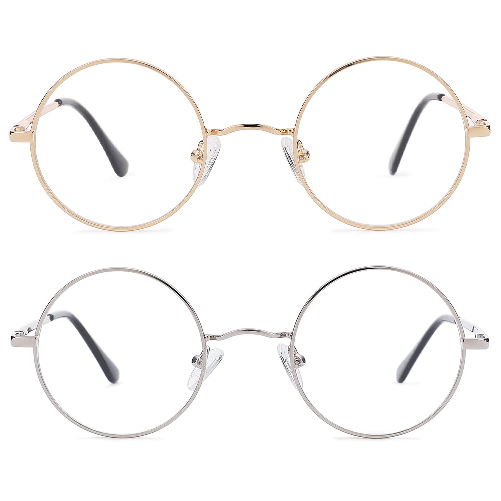 Pro AcmeNon Prescription Clear Lens Glasses Retro Small Round Metal Frame (Gold + Silver)