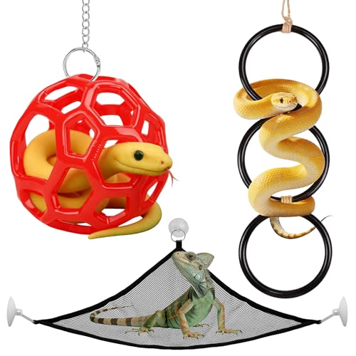 Hysagtek Ball Python Tank Accessory - 3 Pcs Snake Enrichment Toys Ball with Hammock and Climbing...