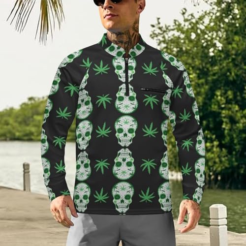 Green Skull and Marijuana Men's Rash Guard Long Sleeves Quick Dry Fishing Workout Shirts with Zipper2