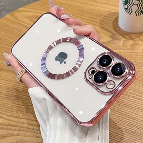 Aowner Magnetic Clear Case For Iphone 12 Pro Case With Camera Lens Protector, Compatible With Magsafe, Non-Yellowing Slim Fit Shockproof Shining For Women Girls Protective Phone Cover,6.1 Inch,Pink #TOP6