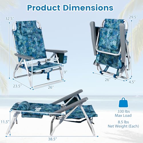Image of Giantex Folding Beach Chair, Patio Sling Chairs with 5 Adjustable Position, Head Pillow, Storage Bag, Towel Bar, Cup Holders, Backpack Chairs for Sunbathing, Camping Chair