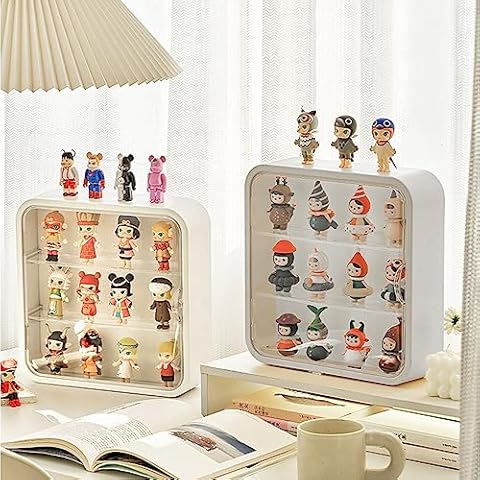 Clear Display Case for Figures, Collectibles Display Box with Shelves, 12 Inch Wall Mounted or Desktop Plastic Organizer, Miniature Acrylic Display Storage Case for Rock Stone Mini Figure, White Cover