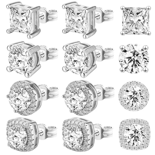 Small Plated Tiny Earrings Set - CZ Stud Earrings in Square, Round & Teardrop Shapes - Anti-sensitive for Women & Men
