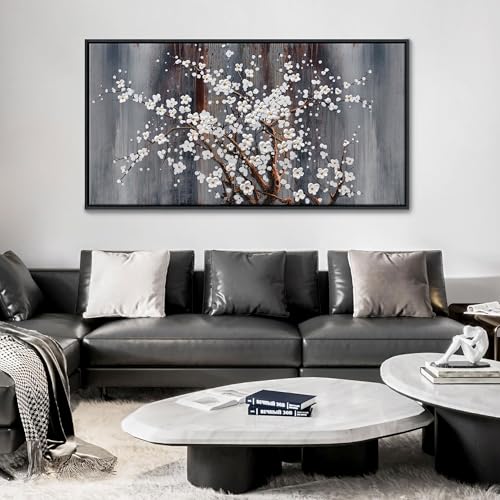 Image of Wall Art for Living Room Large Modern Wall Decor Canvas Paintings for Wall Decorations White Flower Brown Bedroom Office Artwork Plum Blossom Art Prints Framed 29x58IN