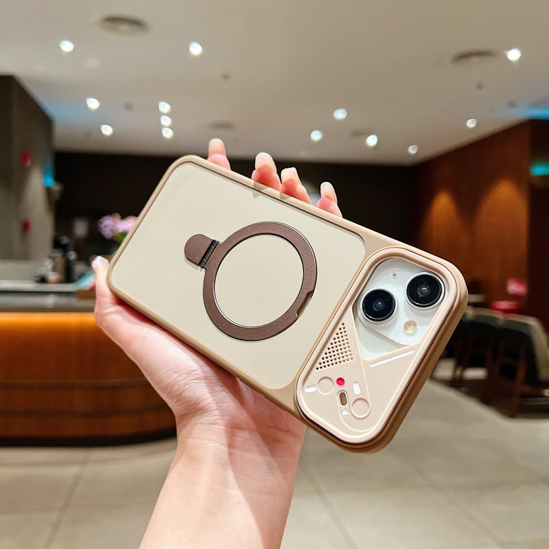 Image of LuxuryKase Magnetic Shockproof Case for iPhone 14 Plus | Foldable 110 Metal Ring Kickstand | Matte Finish | Futuristic Camera Shield Design | Slim Profile & MagSafe Compatible - Khaki