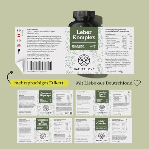NATURE LOVE® Leber Komplex - 120 Kapseln - mit Mariendistel, Cholin, Artischockenextrakt, Curcuma & Zink - Hochdosiert, vegan, laborgeprüft und in Deutschland produziert