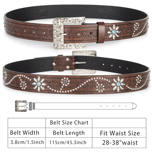 Image of Western-Leather-Belts-Women Vintage Waist-Belts with Hollow Out Flower