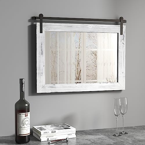 Image of COGOOD Farmhouse Barn Door Mirror - 25 x 18 Rustic Wood Framed Decrative Mirror for Bathroom, Living Room, Entryway Wall Decor (White)