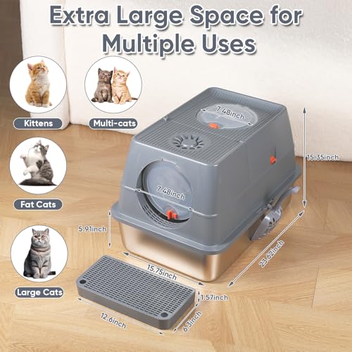 Caja de arena de acero inoxidable para gatos con tapa grande miniatura 3