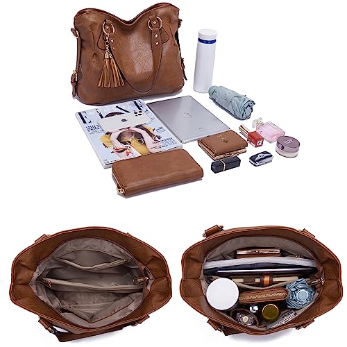 Image of Qiyuer Slouchy Handbag for Women Shoulder Bag Hobo Purse Wallet Set 3pcs | Curved Lines, Dual-use Crossbody /Shoulder, Soft PU Vegan Leather, Divided Compartments, Versatile Roomy for Daily & Work